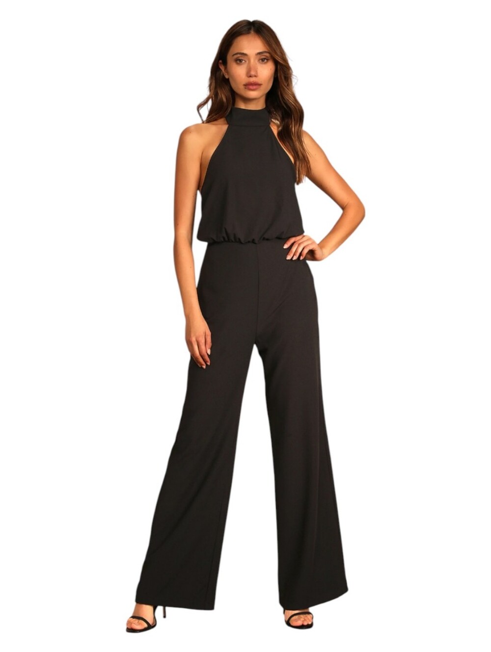 Lulu's Moment For Life Halter High Neck Backless Wide Leg  Black Jumpsuit Small.